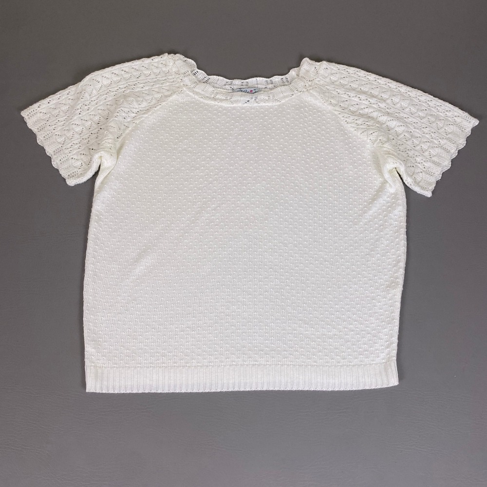 Haband Sweater Womens XL White Short Sleeve Knit Top Pointelle Raglan USA *Flaw*